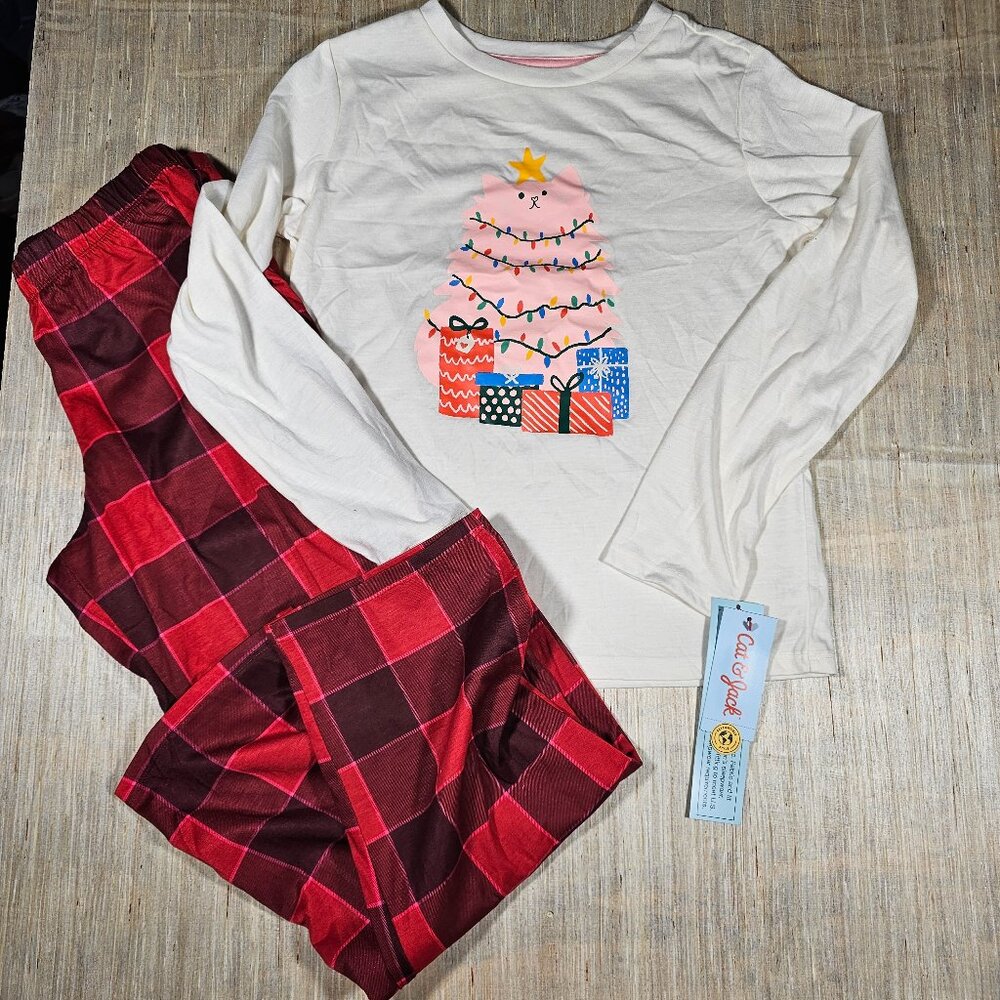Cat & Jack Girls' 2pc Christmas 'Holiday Cat' Long Sleeve Pajama Set Size XL(14)